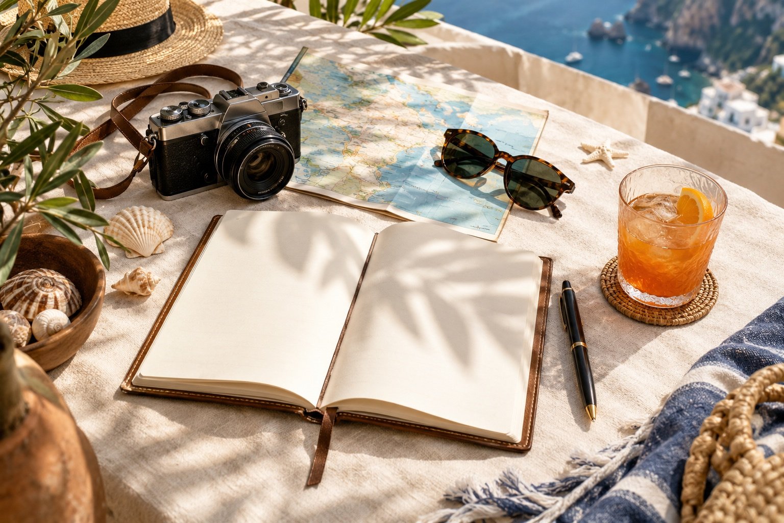 Cuaderno de viaje, cámara y recuerdos sobre una mesa iluminada por el sol