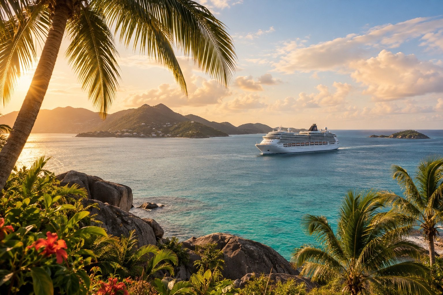 Crucero navegando por las aguas turquesas de una bahía del Caribe