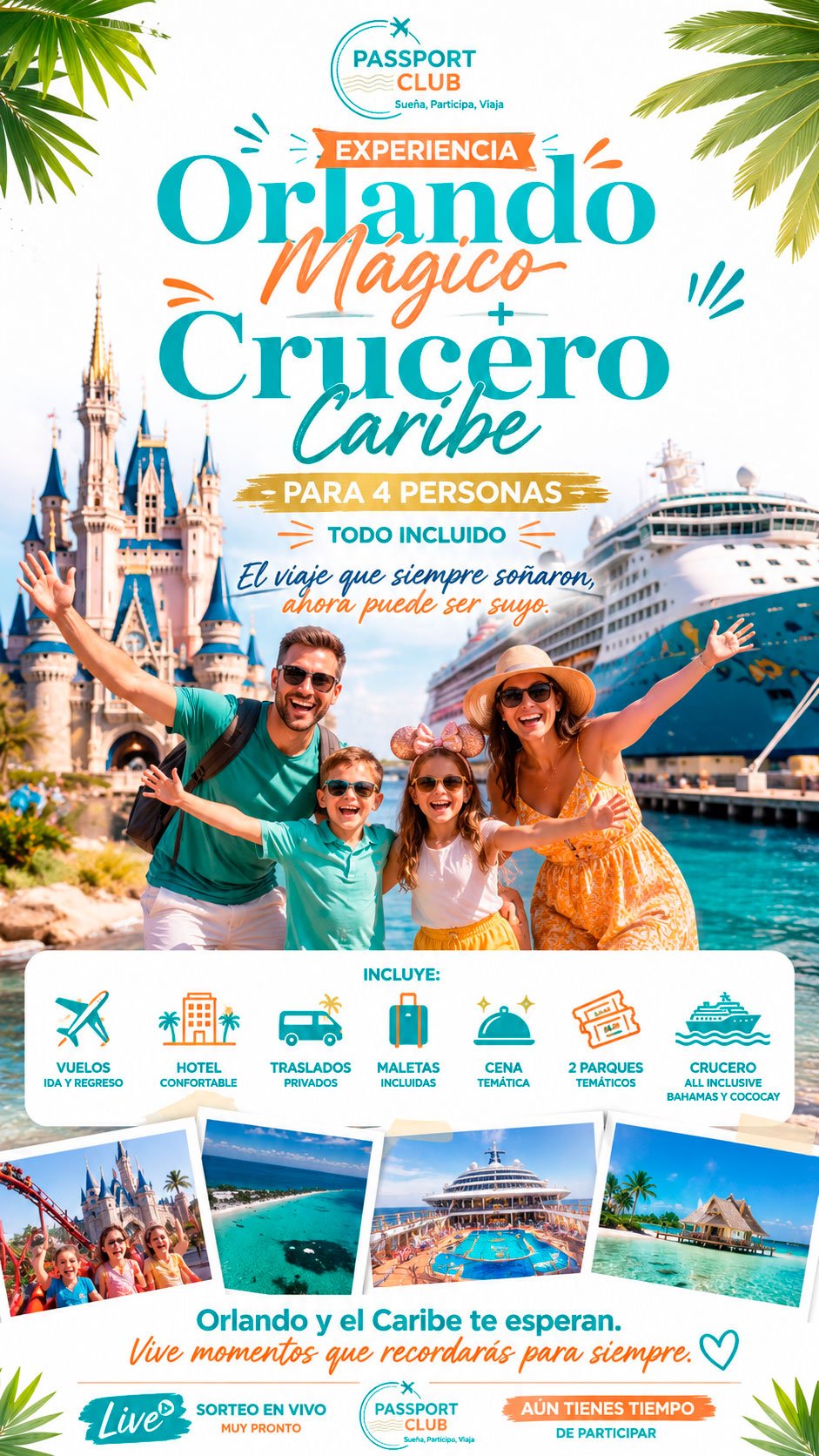 Experiencia Orlando Mágico + Crucero Caribe para 4 personas