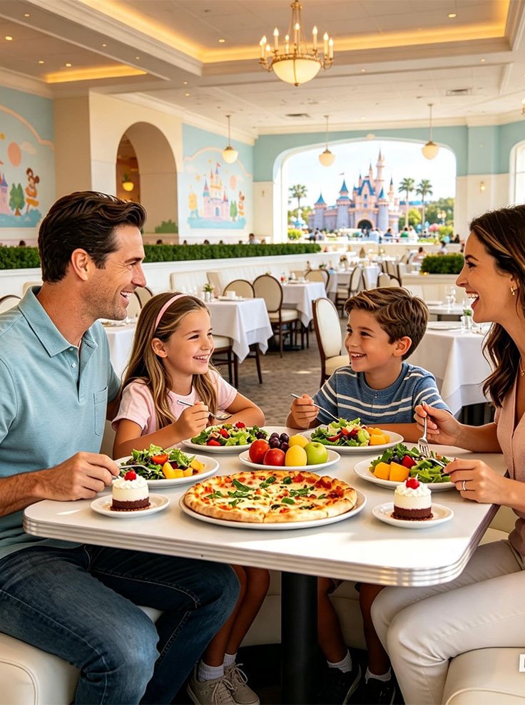 Cena temática en Disney Springs con vista al castillo